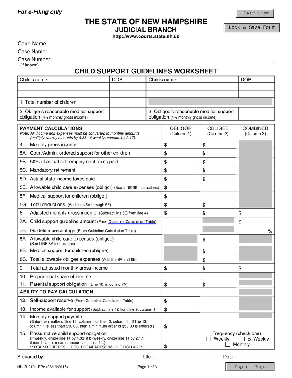 Form NHJB-2101-FPE Child Support Guidelines Worksheet - New Hampshire, Page 1