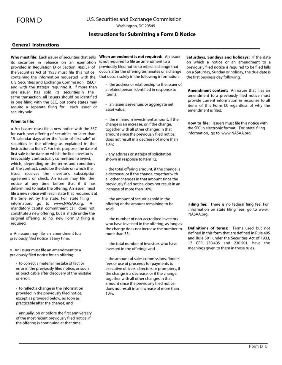 Form SEC1972 (D) Notice of Exempt Offering of Securities, Page 5