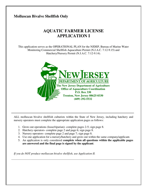 Aquatic Farmer License Application I - Molluscan Bivalve Shellfish Only - New Jersey Download Pdf
