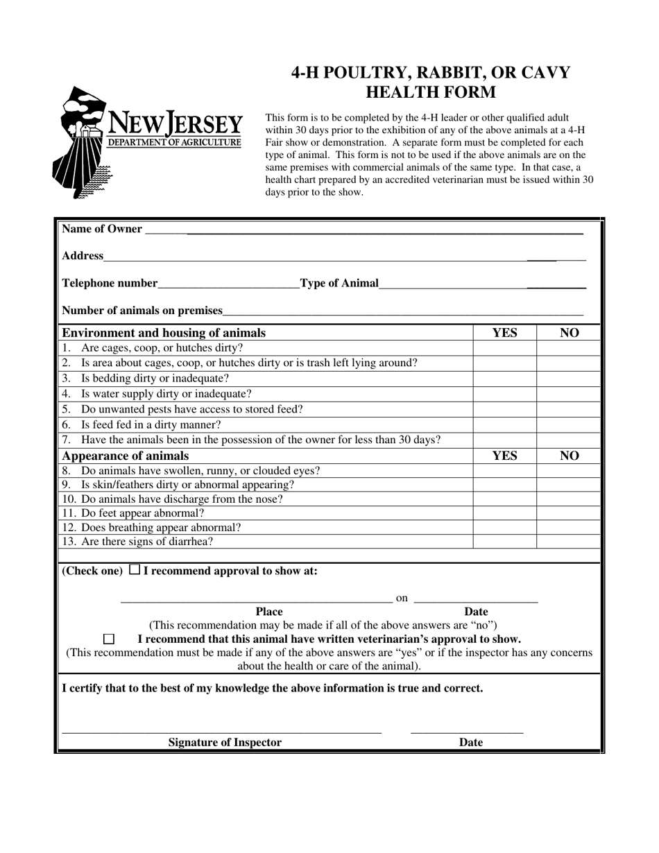 4-h Poultry, Rabbit, or Cavy Health Form - New Jersey, Page 1