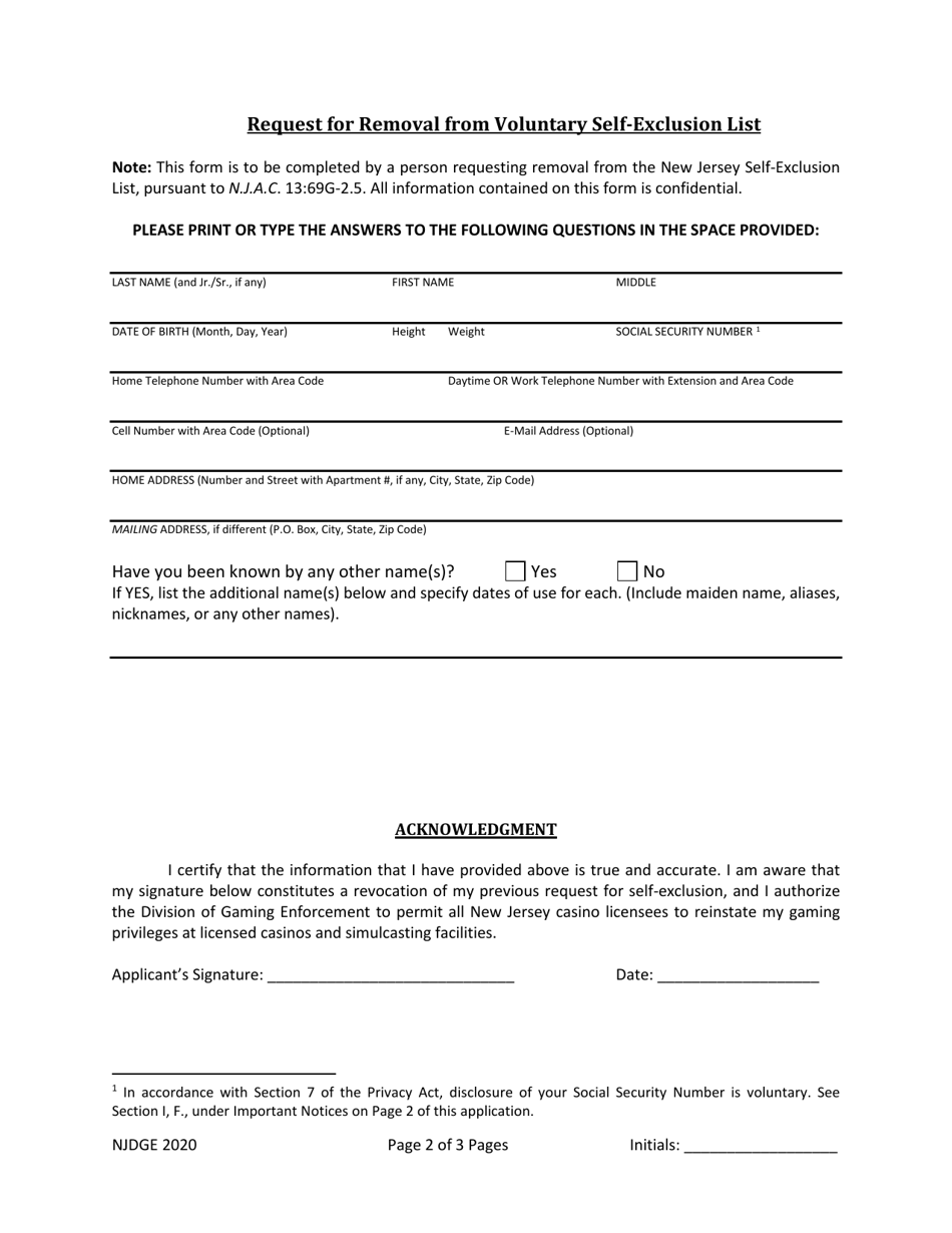Form 71 Request for Removal From Voluntary Self-exclusion List - New Jersey, Page 3