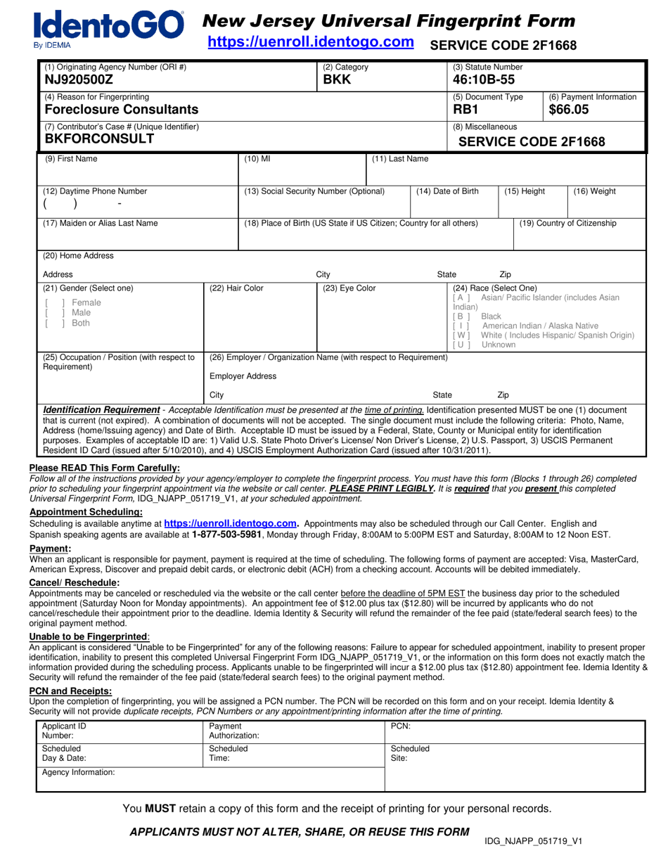 New Jersey Universal Fingerprint Form - Foreclosure Consultants - New Jersey, Page 1