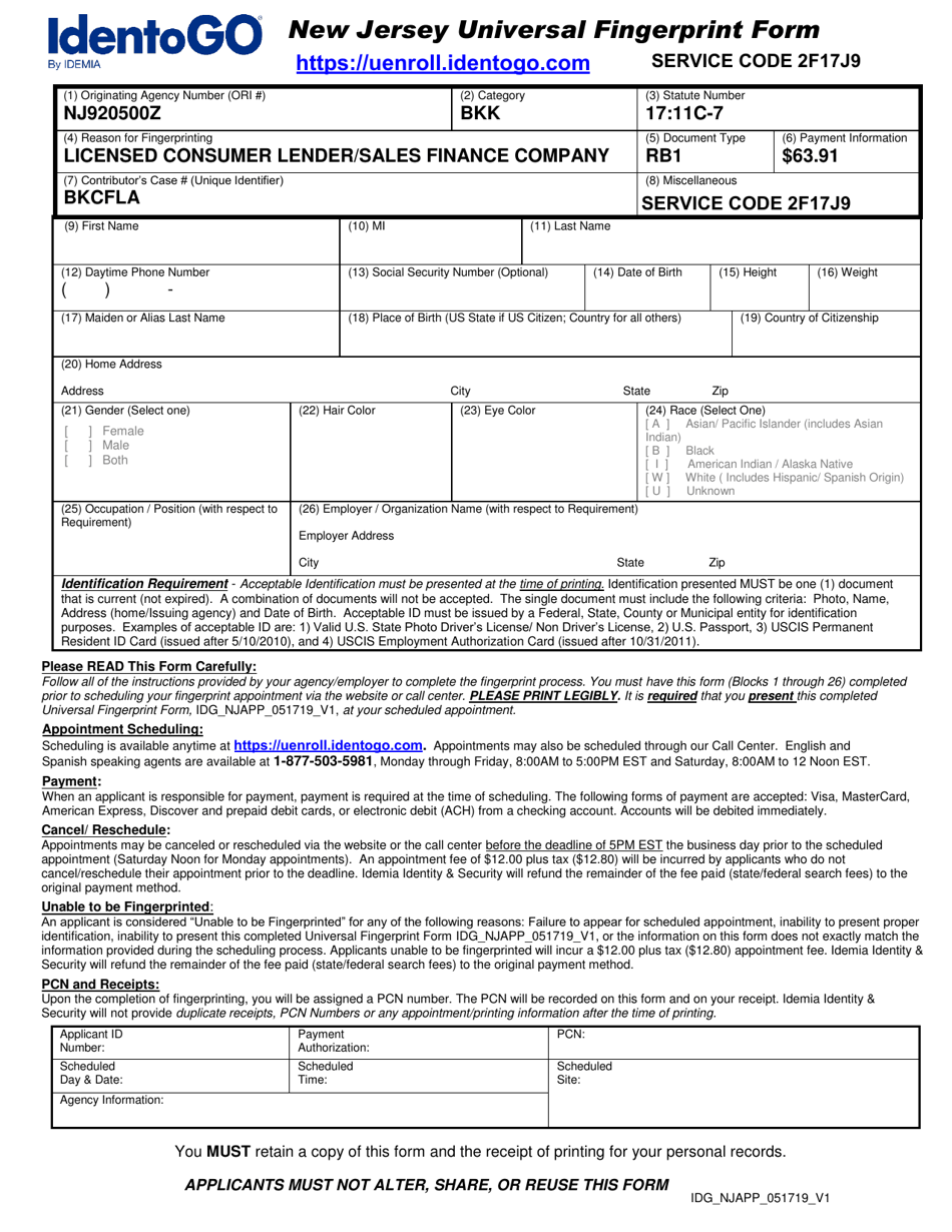 New Jersey Universal Fingerprint Form - Licensed Consumer Lender / Sales Finance Company - New Jersey, Page 1
