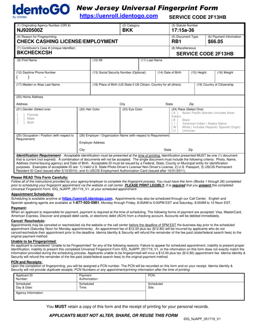 New Jersey Universal Fingerprint Form - Check Cashing License / Employment - New Jersey Download Pdf