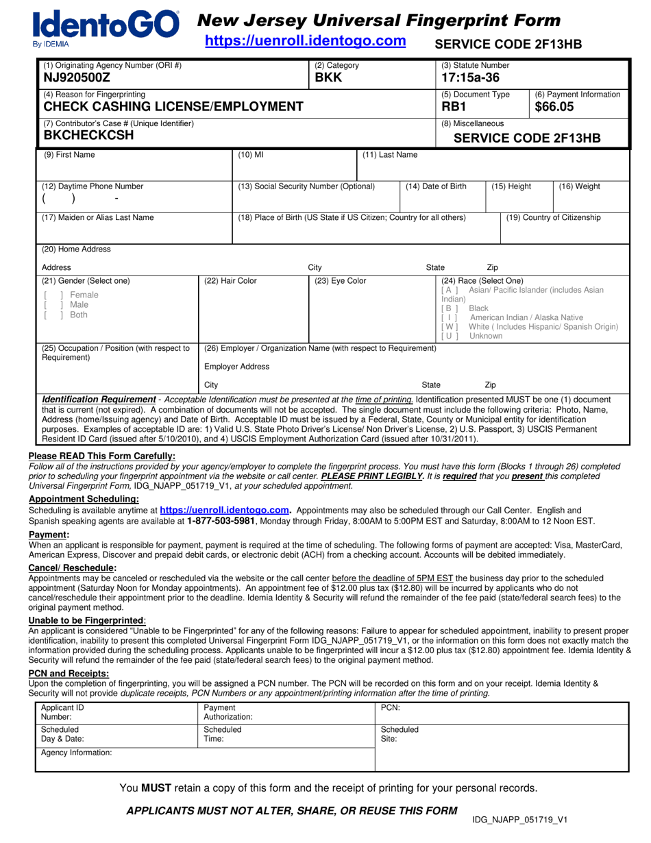 New Jersey Universal Fingerprint Form - Check Cashing License / Employment - New Jersey, Page 1