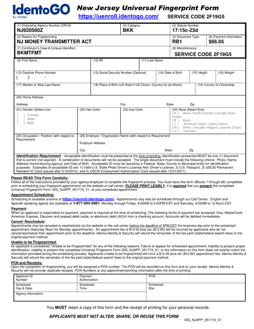 New Jersey Universal Fingerprint Form - Nj Money Transmitter Act - New Jersey Download Pdf