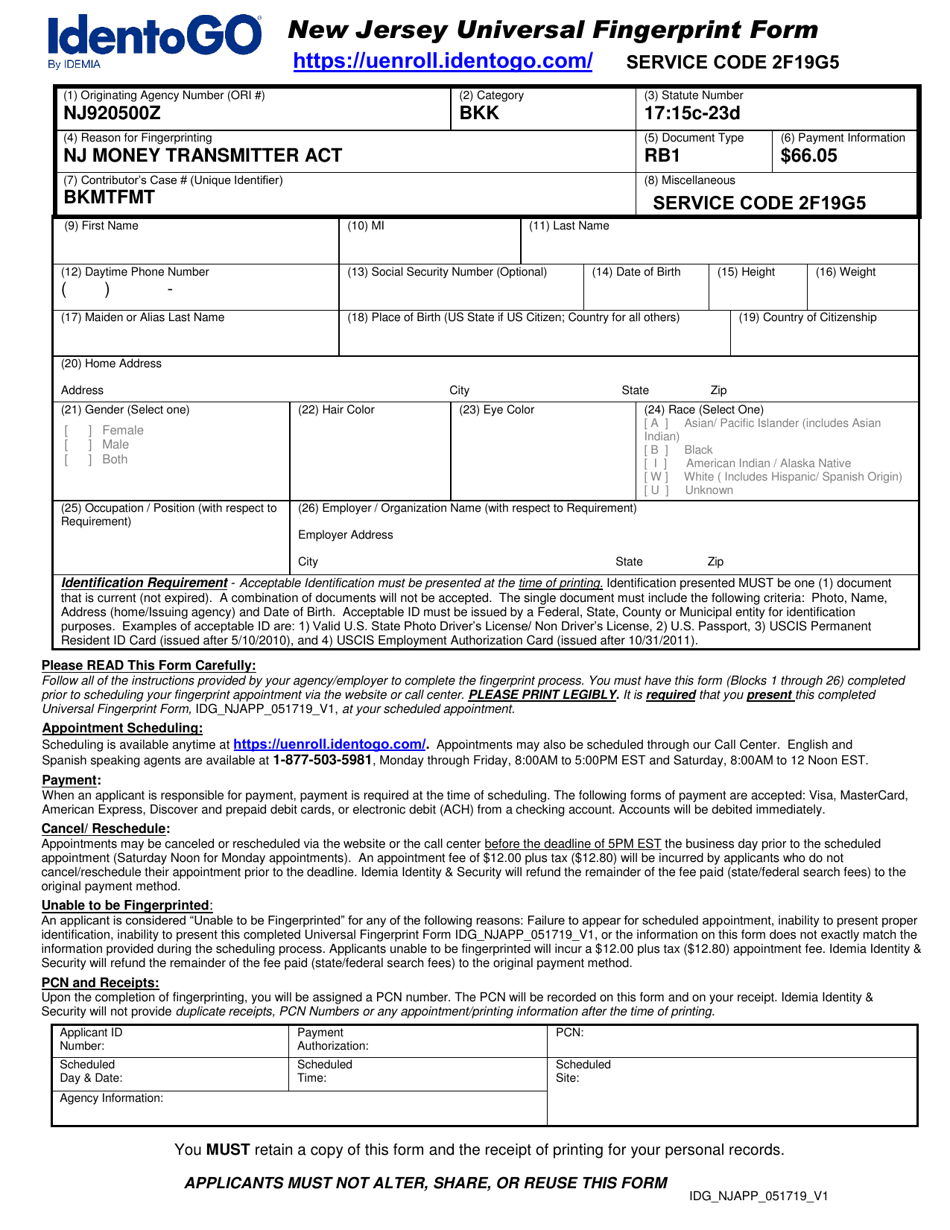 New Jersey Universal Fingerprint Form - Nj Money Transmitter Act - New Jersey, Page 1