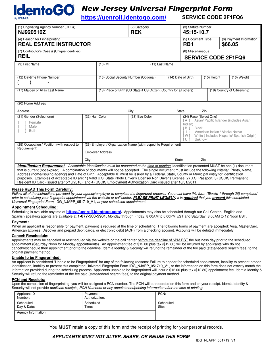 New Jersey Universal Fingerprint Form - Real Estate Instructor - New Jersey, Page 1