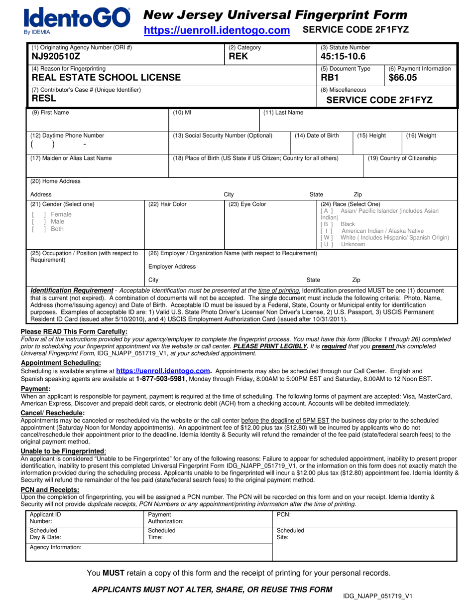 New Jersey Universal Fingerprint Form - Real Estate School License - New Jersey, Page 1