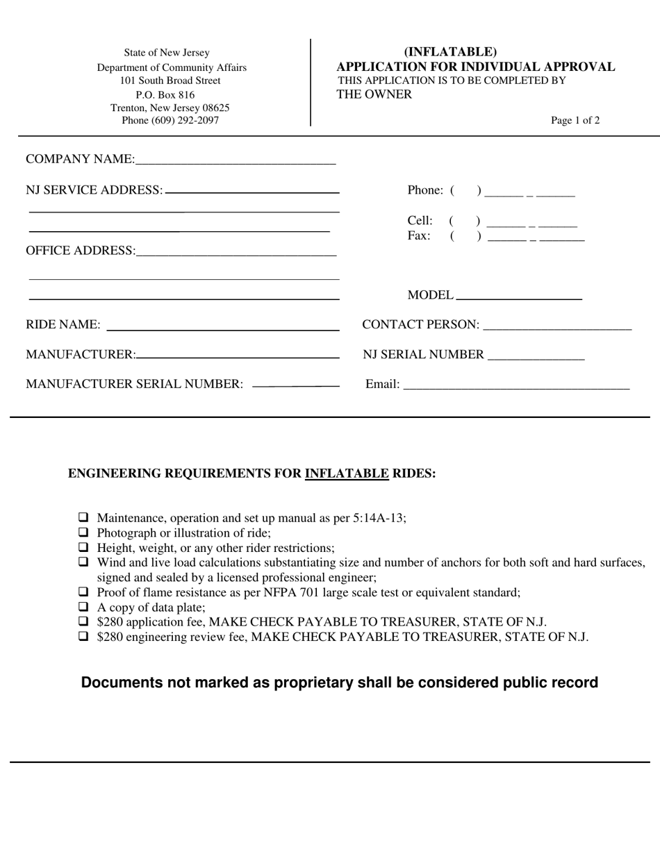 Form ES-90F Application for Individual Approval for Inflatables - New Jersey, Page 1