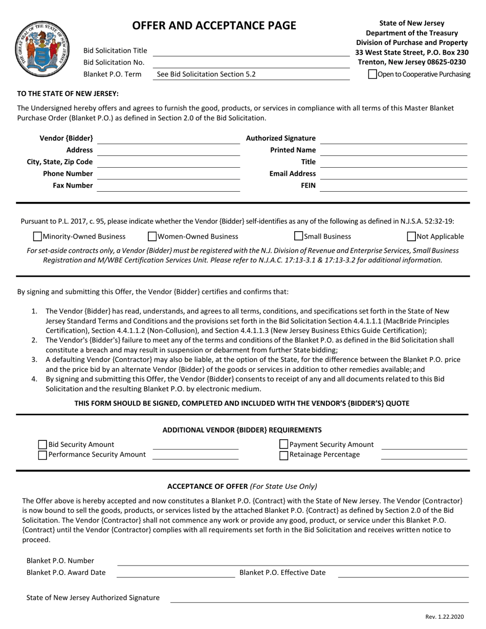Offer and Acceptance Page - New Jersey, Page 1