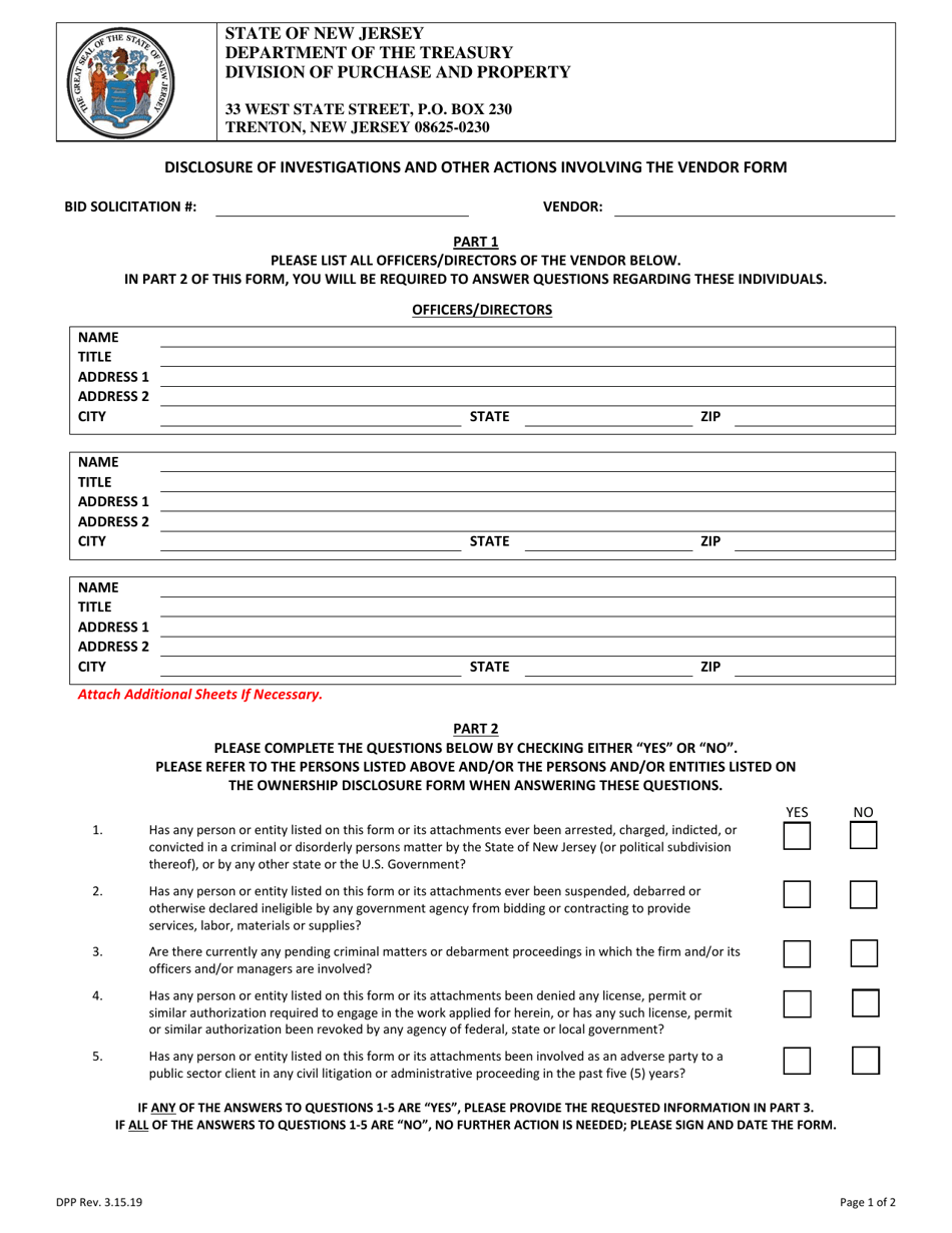 Disclosure of Investigations and Other Actions Involving the Vendor Form - New Jersey, Page 1