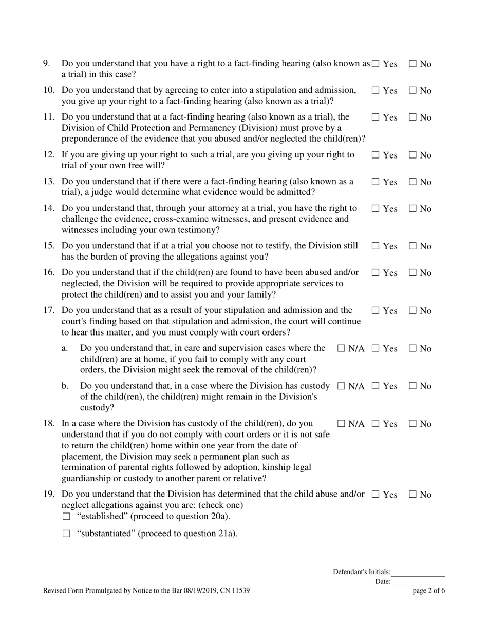 Form 11539 Voluntary Stipulation and Admission to Child Abuse and / or Neglect Pursuant to N.j.s.a. 9:6-8.21(C) - New Jersey, Page 2