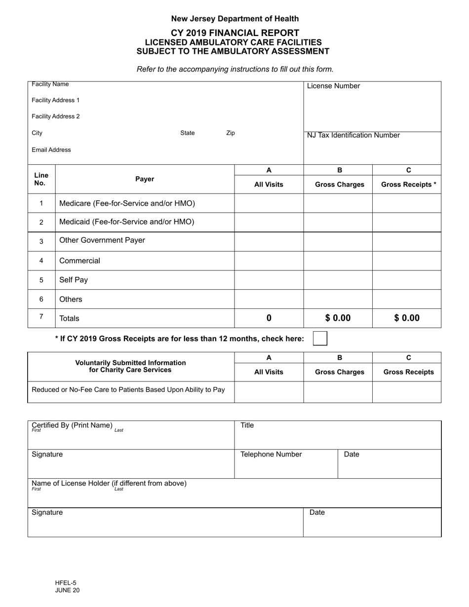 Form HFEL-5 Financial Report for Licensed Ambulatory Care Facilities Subject to the Ambulatory Assessment - New Jersey, Page 1