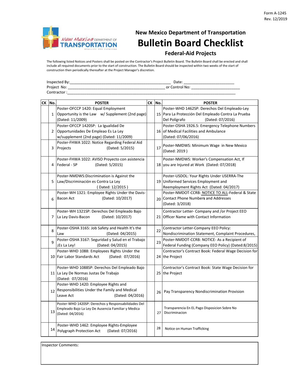 Form A-1245 Bulletin Board Checklist - Federal-Aid Projects - New Mexico, Page 1