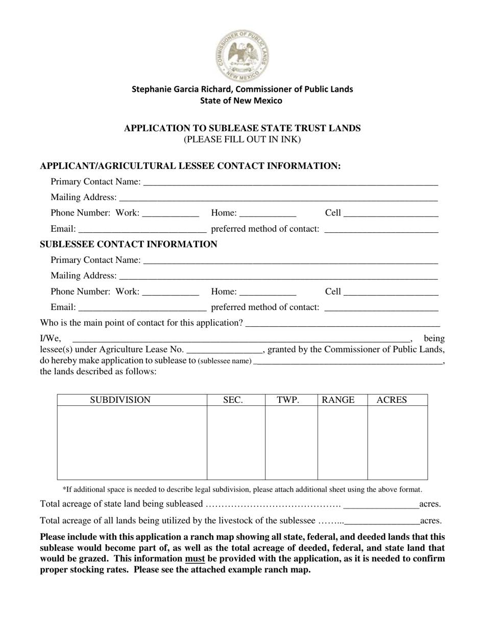 Form S-01 Application to Sublease State Trust Lands - New Mexico, Page 1