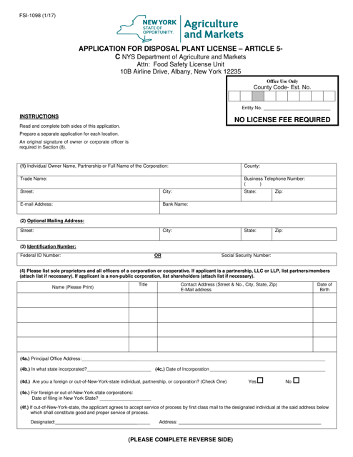Form FSI-1098 Application for Disposal Plant License - Article 5-c - New York