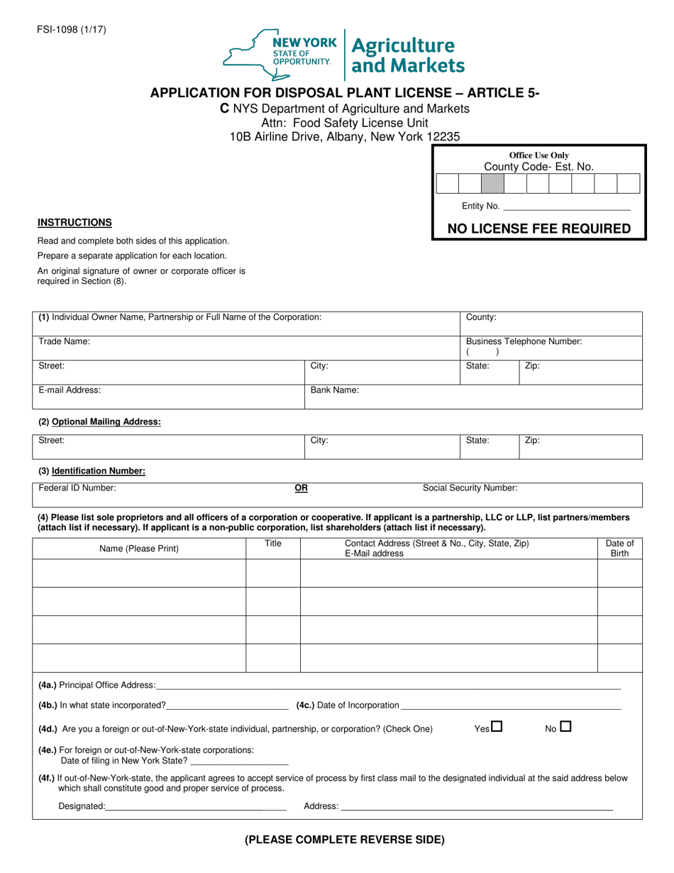 Form FSI-1098 Application for Disposal Plant License - Article 5-c - New York, Page 1