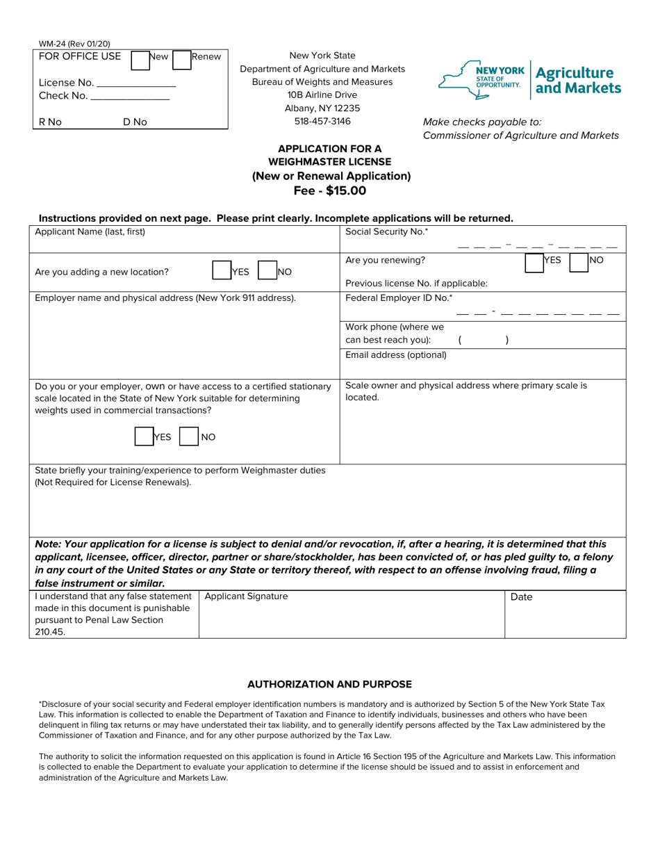 Form WM-24 Application for a Weighmaster License - New York, Page 1