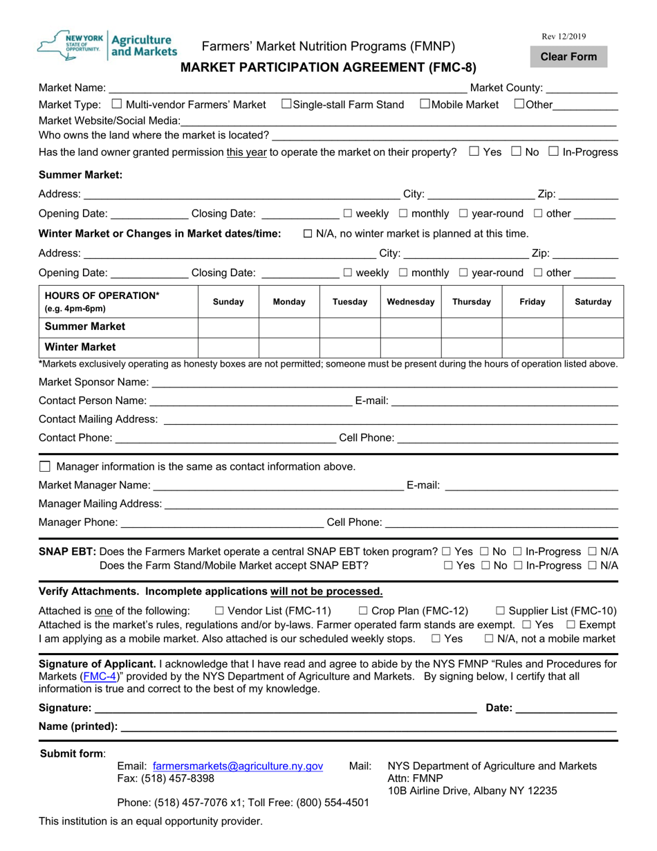 Form FMC-8 Market Participation Agreement - New York, Page 1