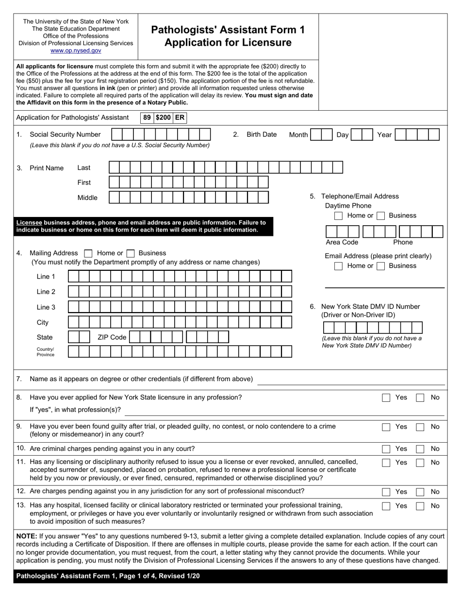 Pathologists Assistant Form 1 Application for Licensure - New York, Page 1
