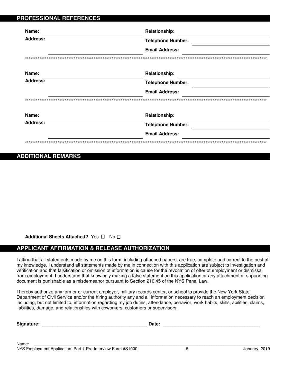 Form S1000 Part 1 Employment Application - Pre-interview - New York, Page 5
