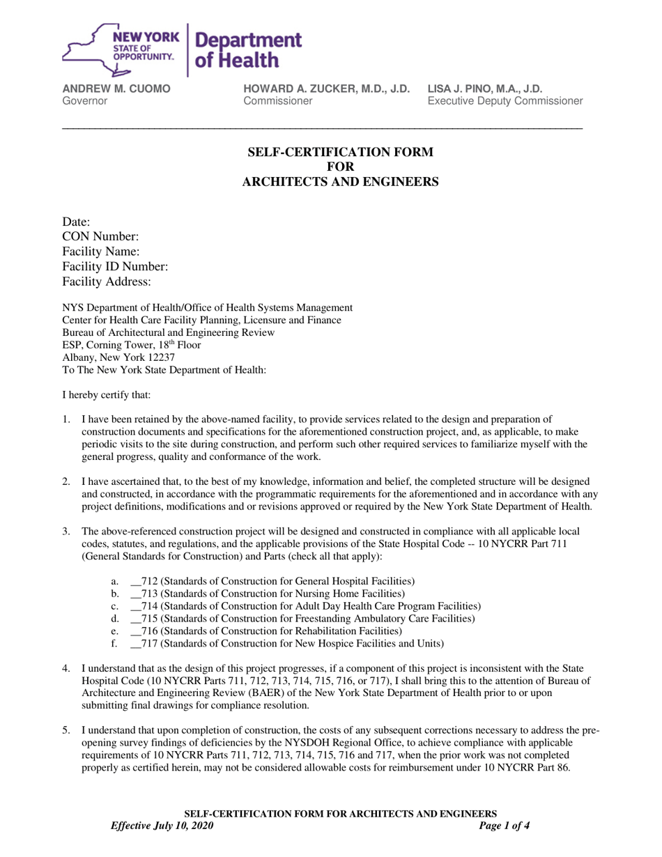 Self-certification Form for Architects and Engineers - New York, Page 1