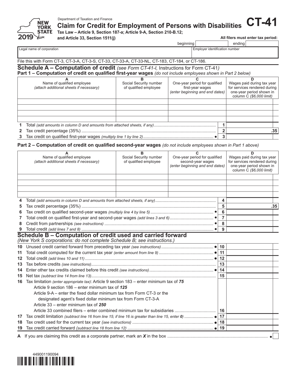 Form CT-41 Claim for Credit for Employment of Persons With Disabilities - New York, Page 1