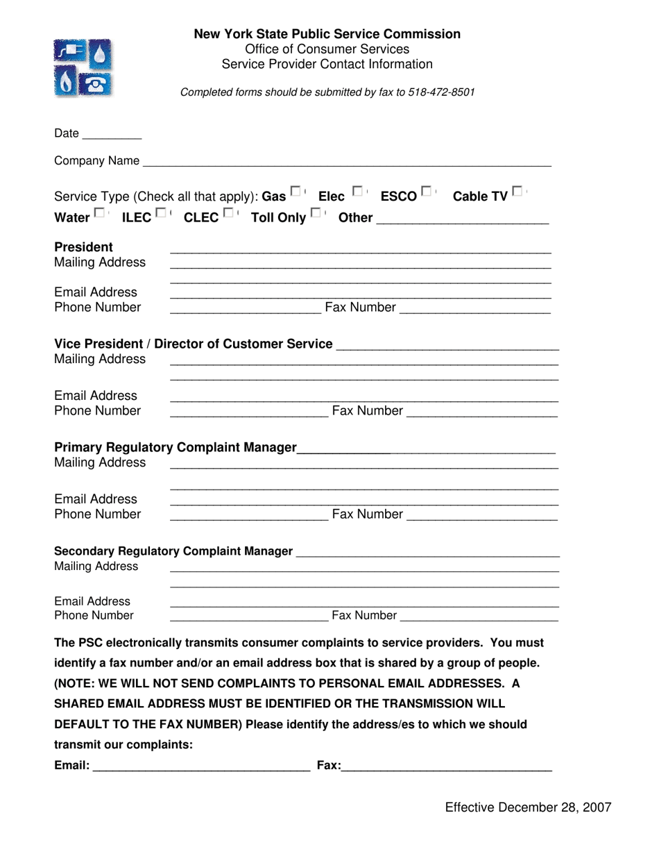 Utility Service Provider Contact Information Form - New York, Page 1