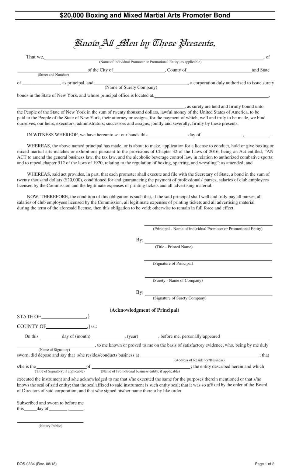 Form DOS-0334 $20,000 Boxing and Mixed Martial Arts Promoter Bond - New York, Page 1