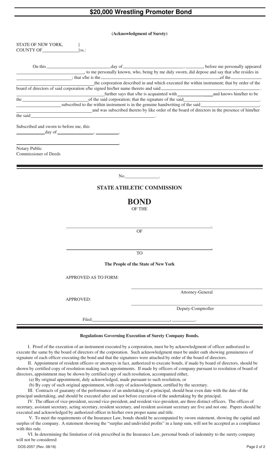 Form DOS-2057 $20,000 Wrestling Promoter Bond - New York, Page 2