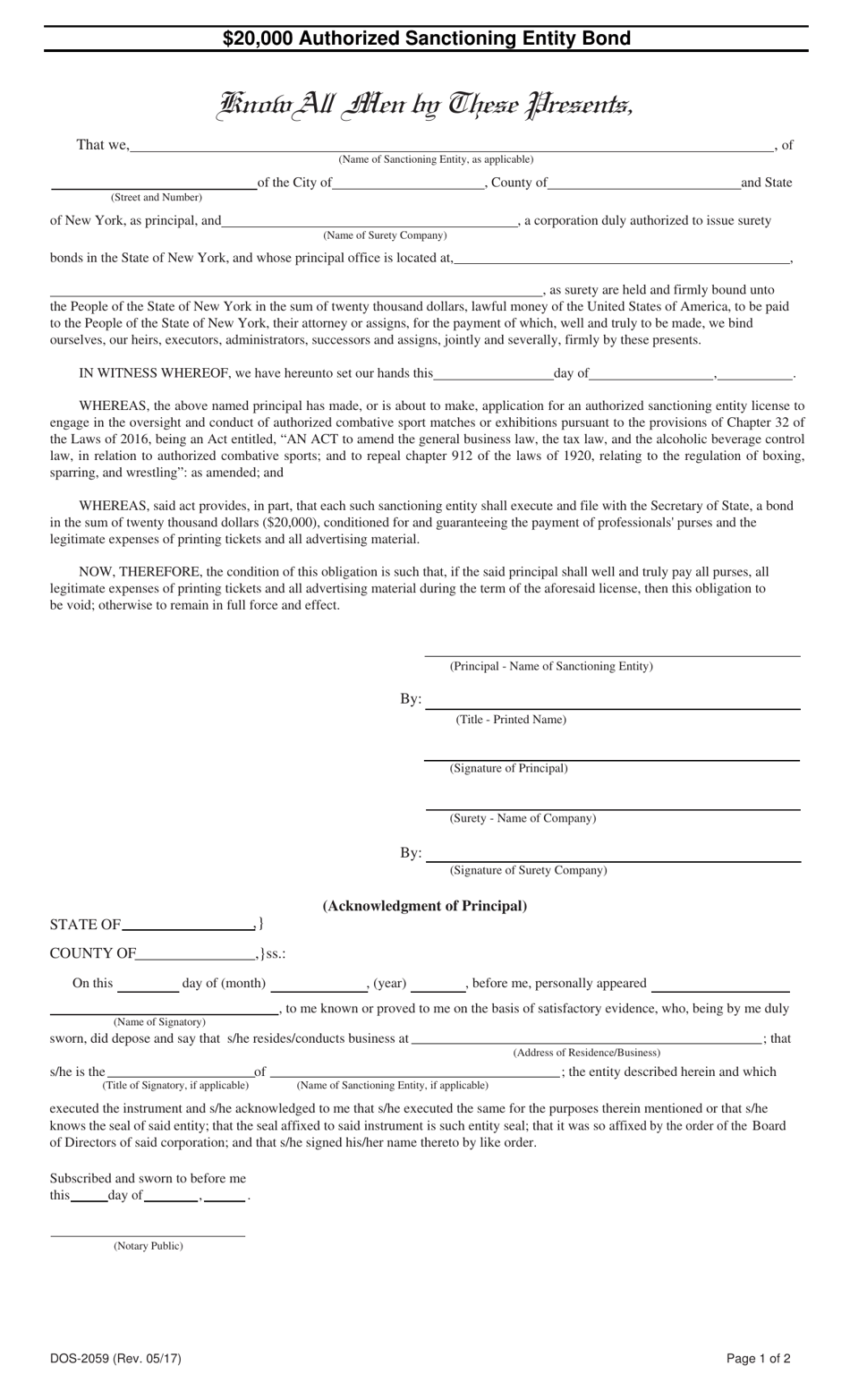 Form DOS-2059 $20,000 Authorized Sanctioning Entity Bond - New York, Page 1