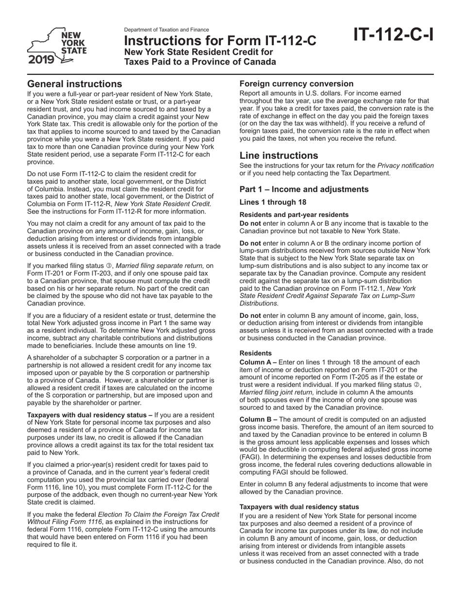 Download Instructions for Form IT112C New York State Resident Credit