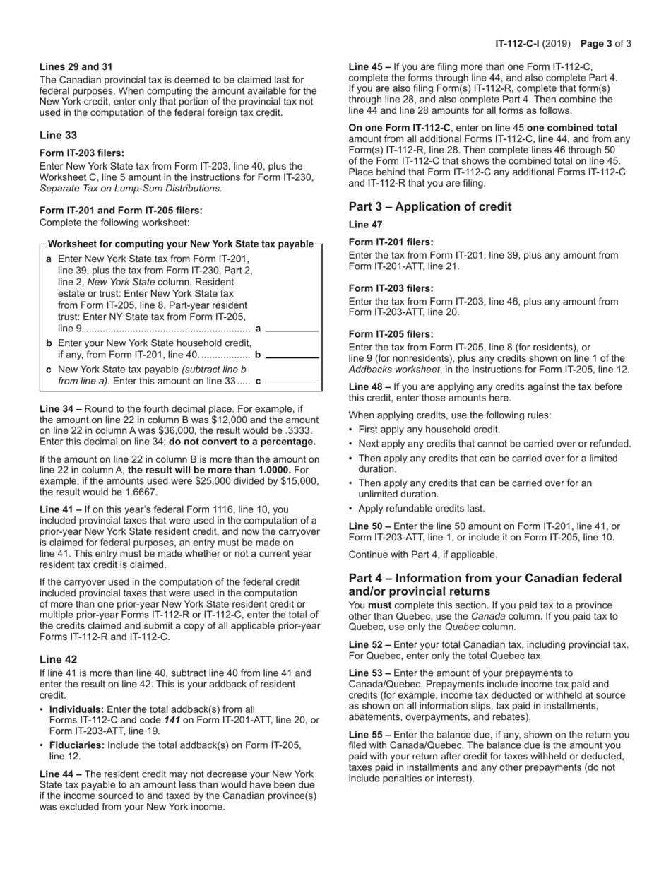 Instructions for Form IT-112-C New York State Resident Credit for Taxes Paid to a Province of Canada - New York, Page 3
