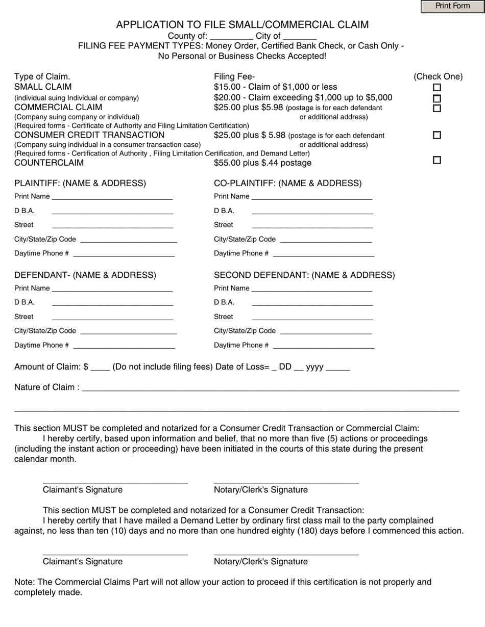 Application to File Small / Commercial Claim - New York, Page 1