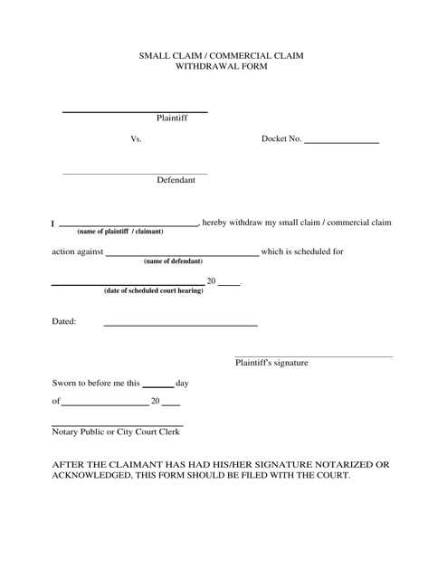 Small Claim / Commercial Claim Withdrawal Form - New York Download Pdf