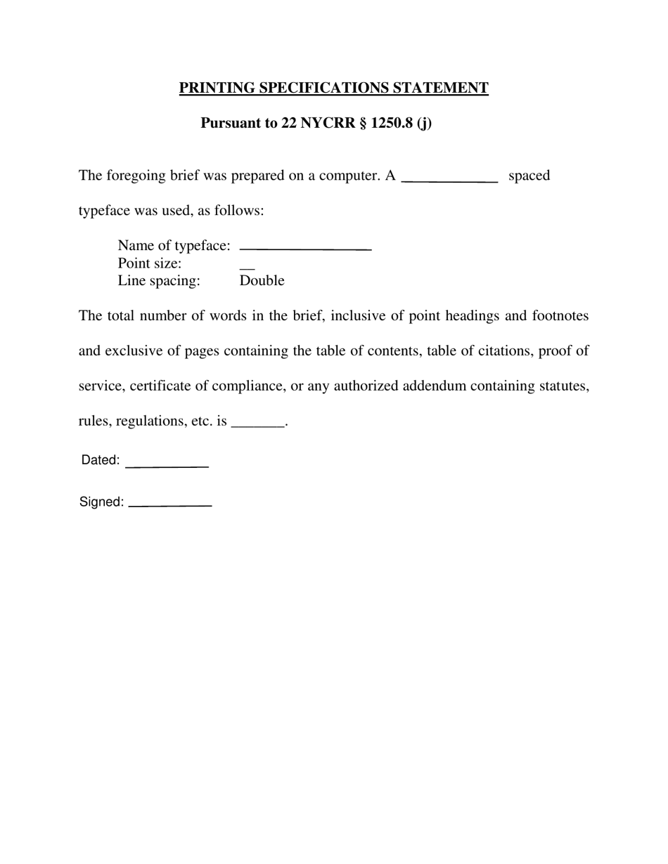 Printing Specifications Statement - New York, Page 1