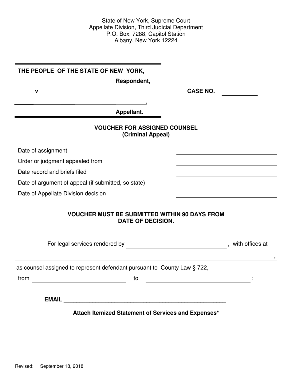 Voucher for Assigned Counsel (Criminal Appeal) - New York, Page 1
