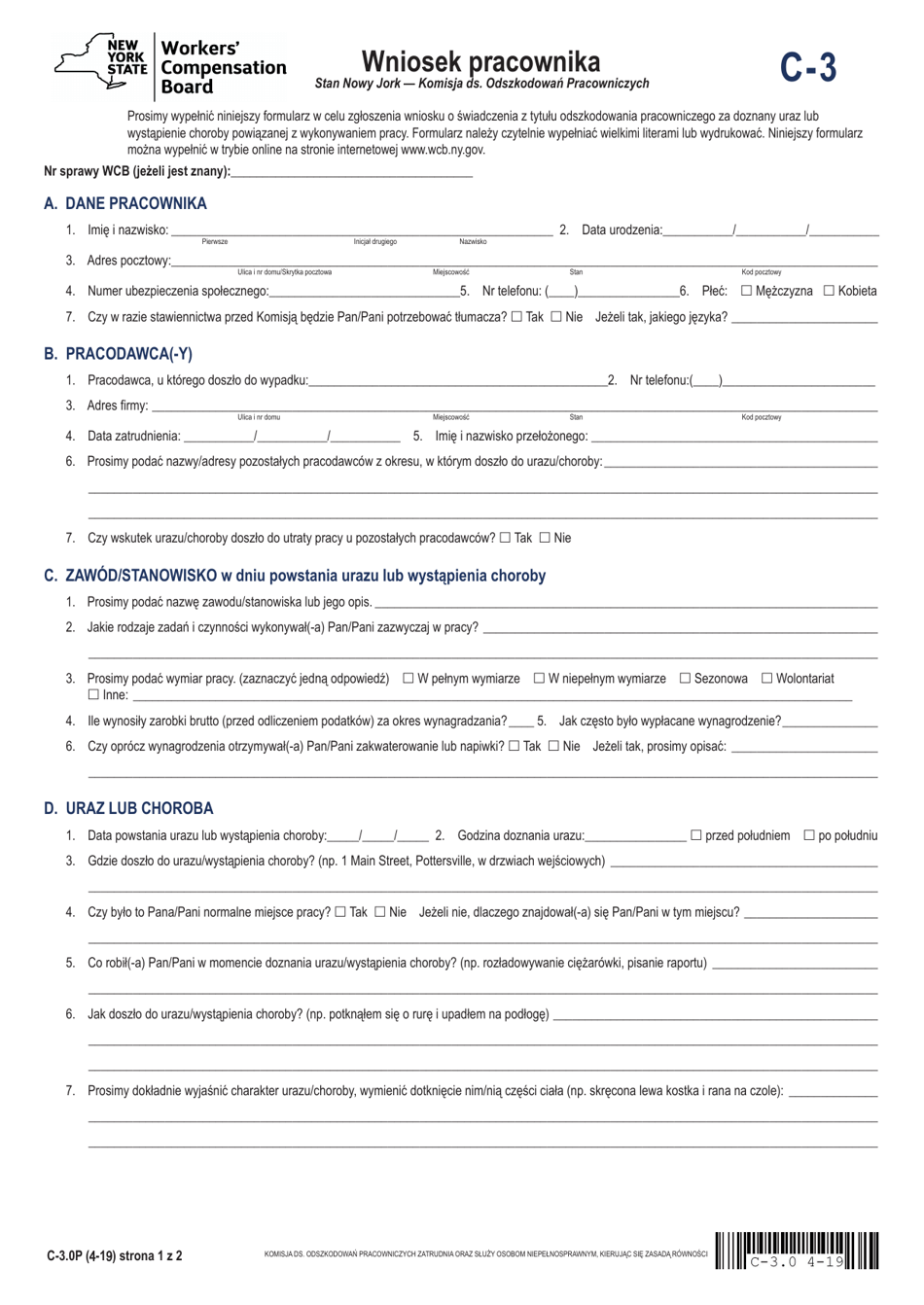 Form C-3P Employee Claim - New York (Polish), Page 1