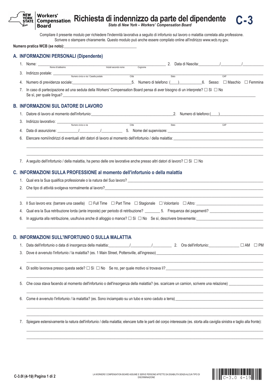 Form C-3I Employee Claim - New York (Italian), Page 1