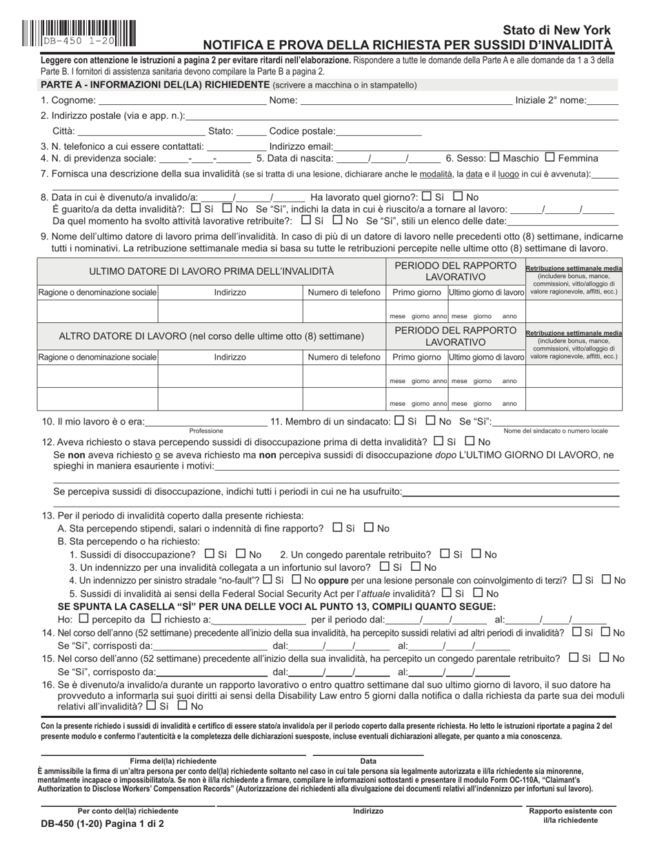 Form DB-450I Notice and Proof of Claim for Disability Benefits - New York (Italian), Page 1
