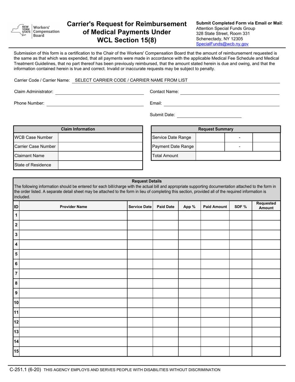 Form C-251.1 Carriers Request for Reimbursement of Medical Payments Under Wcl Section 15(8) - New York, Page 1