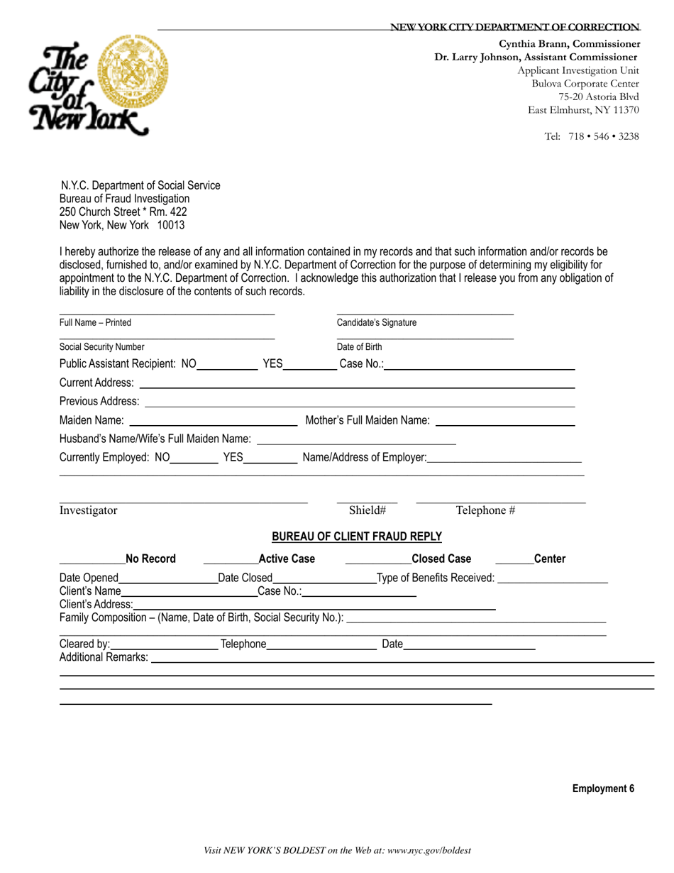 Human Resources Administration Inquiry Form (Employment 6) - New York City, Page 1