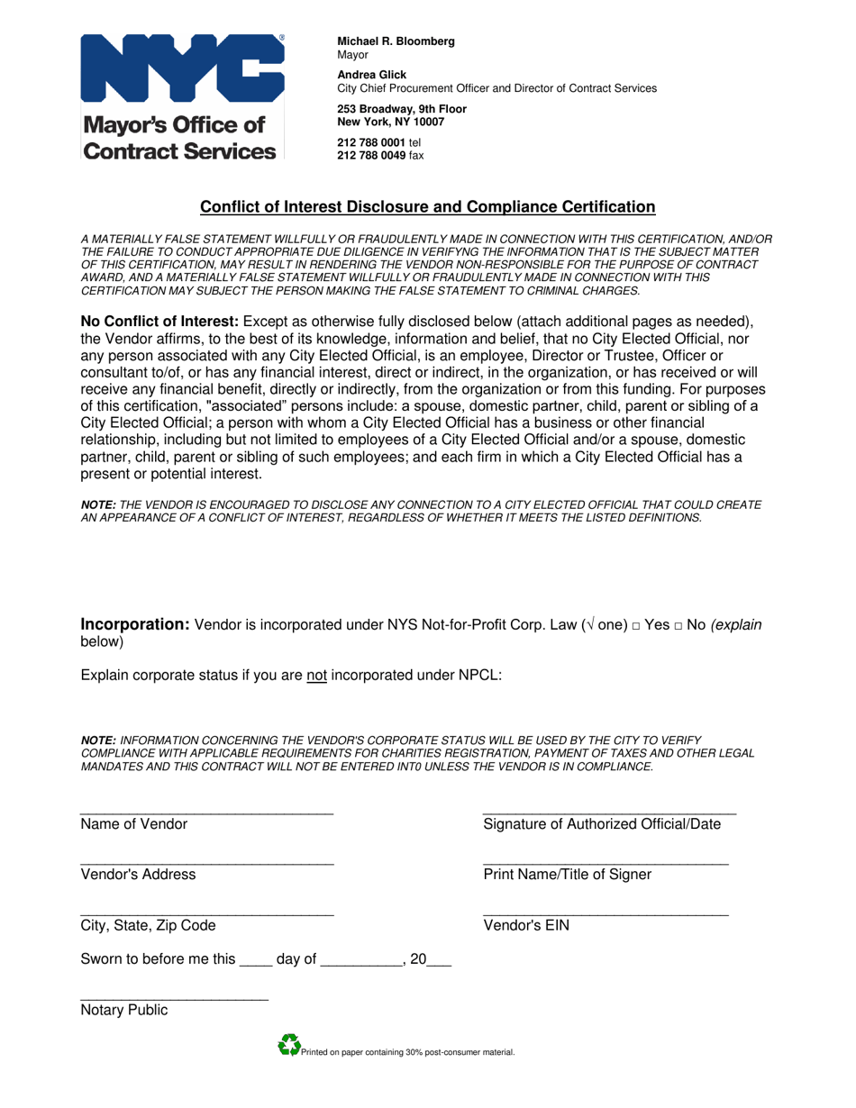 Conflict of Interest Disclosure and Compliance Certification - New York City, Page 1