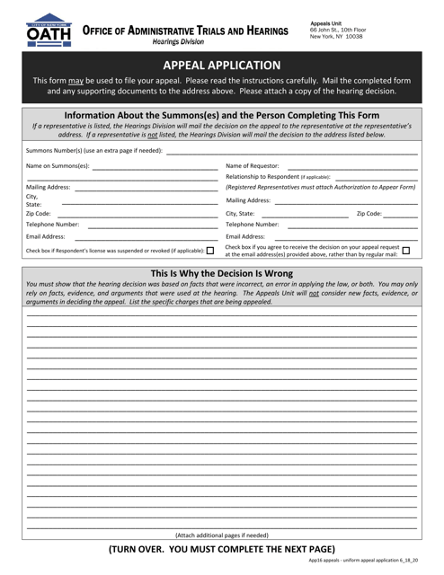 Form APP16 Appeal Application - New York City