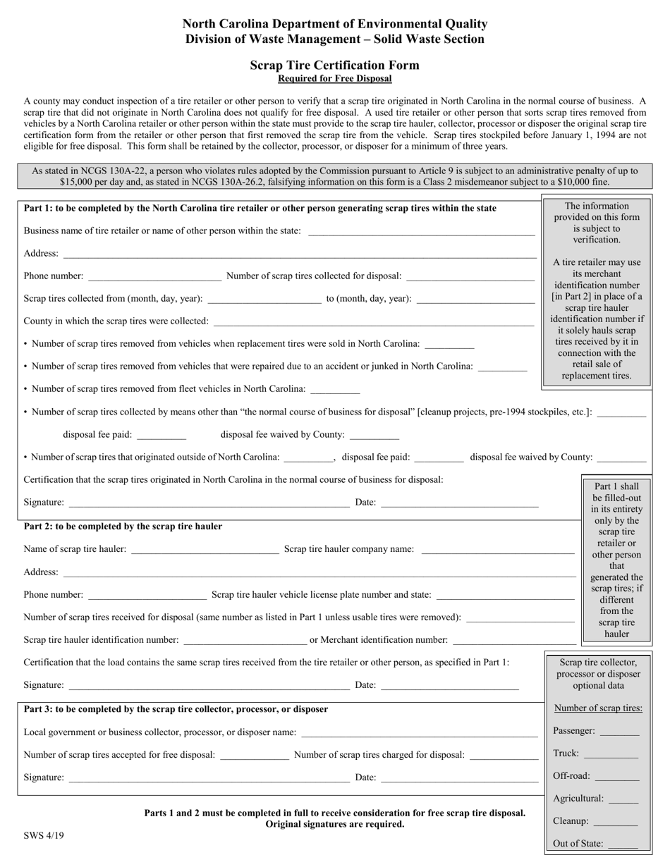 Scrap Tire Certification Form - North Carolina, Page 1