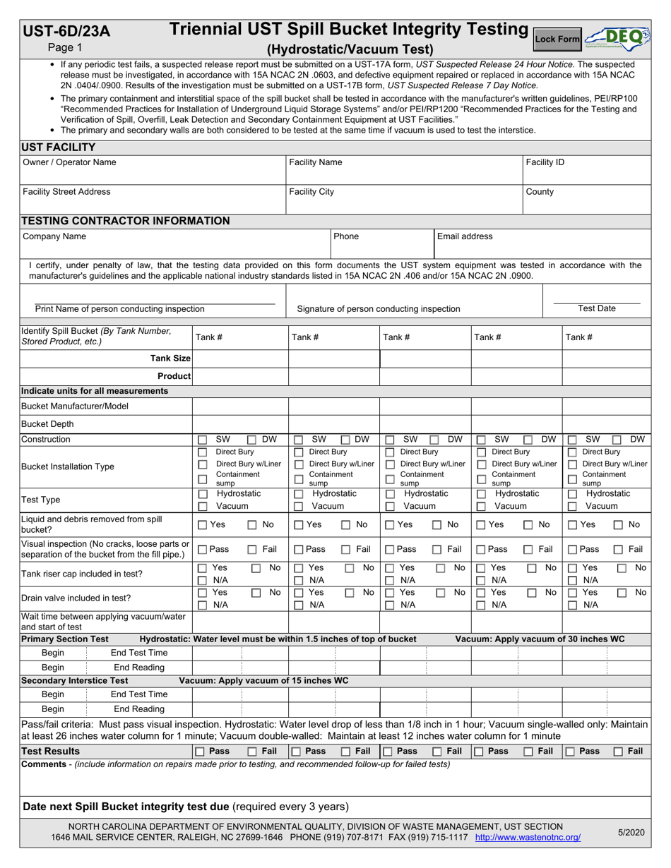 Form UST-6D (UST-23A) Triennial Ust Spill Bucket Integrity Testing (Hydrostatic / Vacuum Test) - North Carolina, Page 1