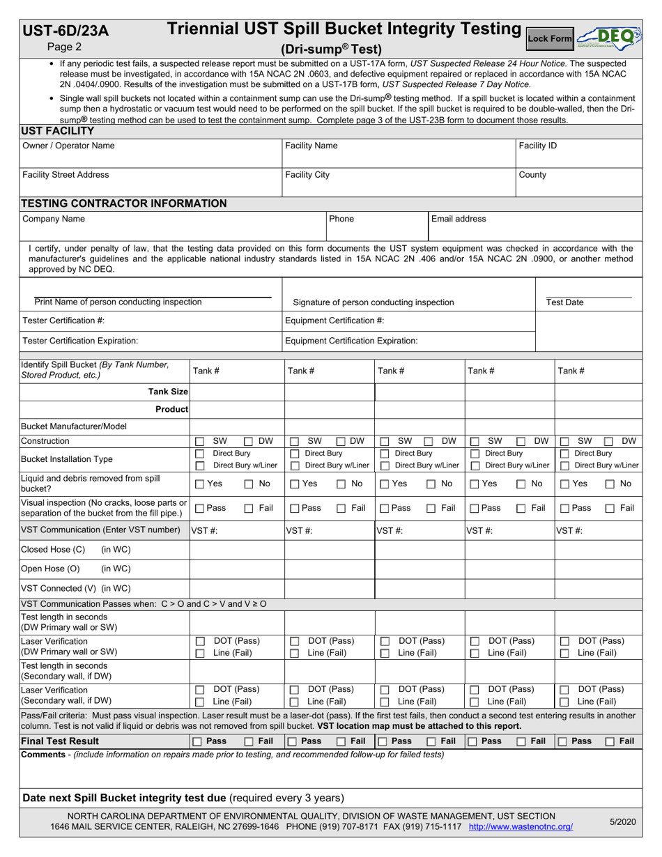 Form UST-6D (UST-23A) Triennial Ust Spill Bucket Integrity Testing (Hydrostatic / Vacuum Test) - North Carolina, Page 2