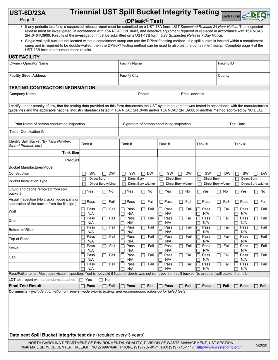 Form UST-6D (UST-23A) Triennial Ust Spill Bucket Integrity Testing (Hydrostatic / Vacuum Test) - North Carolina, Page 3