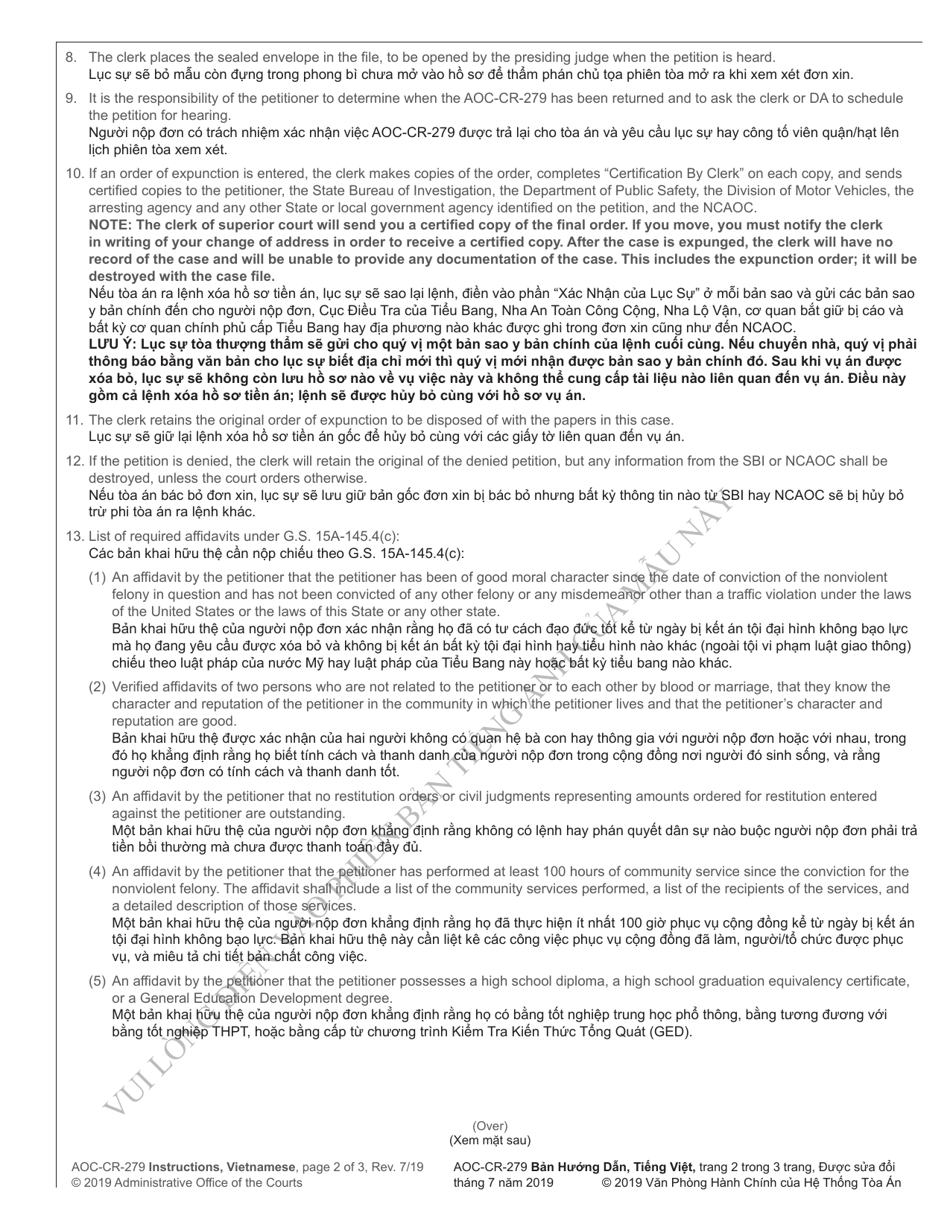 Instructions for Form AOC-CR-279 Petition and Order of Expunction Under G.s. 15a-145.4 (Nonviolent Felony Under Age 18) - North Carolina (English / Vietnamese), Page 2